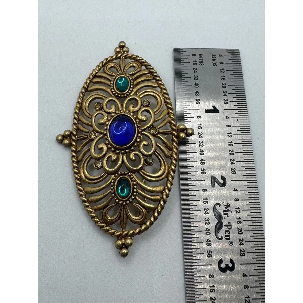 Vintage JJ Jonette Jewelry Gold Tone Filigree Blue Green Cabochon Brooch Pin